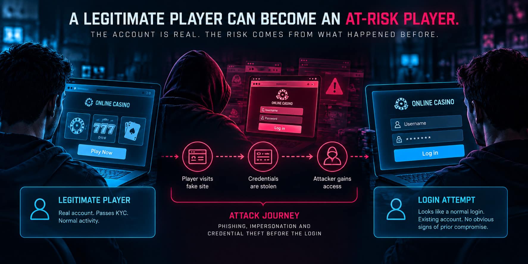 Diagram showing how phishing and credential theft can turn a legitimate iGaming player account into an account takeover risk before login.